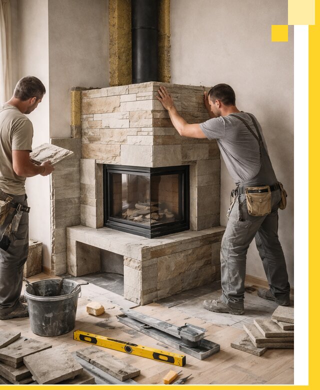 Угловые камины под ключ проект, монтаж и отделка в Петергофе