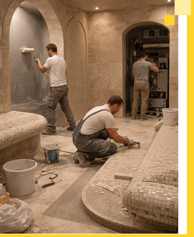 Строительство бани с хамамом и бассейном под ключ в Петергофе