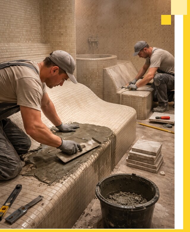 Лежаки для хамама под ключ в Петергофе, проект и монтаж