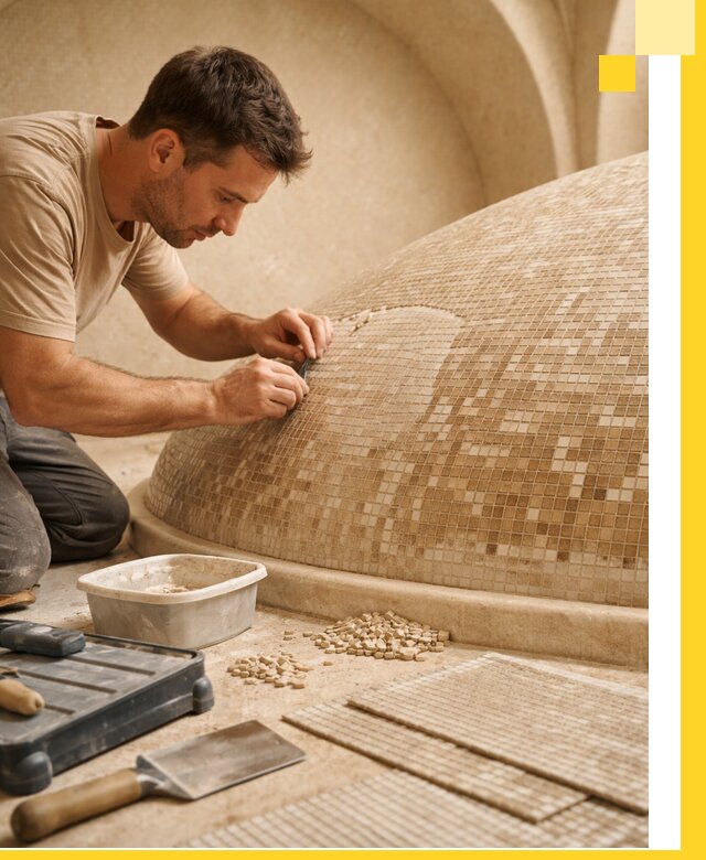 Профессиональная укладка мозаики для хамама под ключ в Петергофе